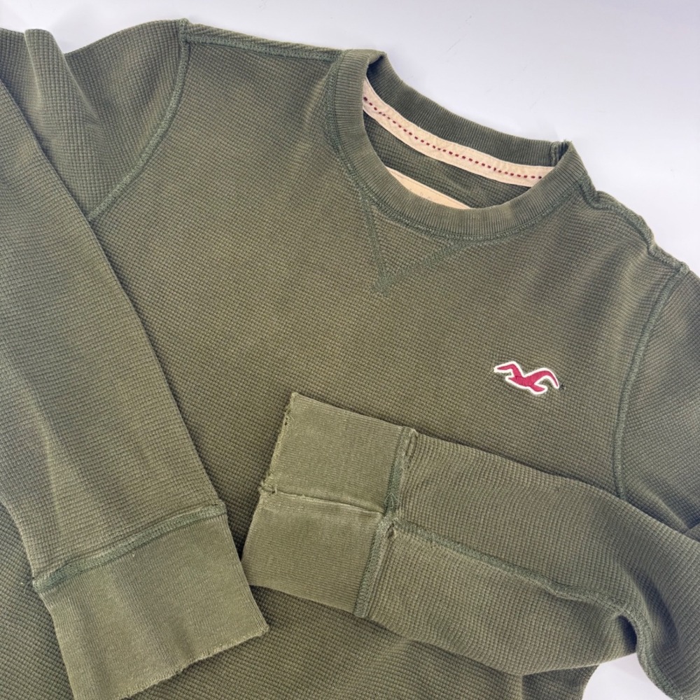 Hollister Mens Olive Green Waffle Knit Thermal Long Sleeve Crewneck Shirt
